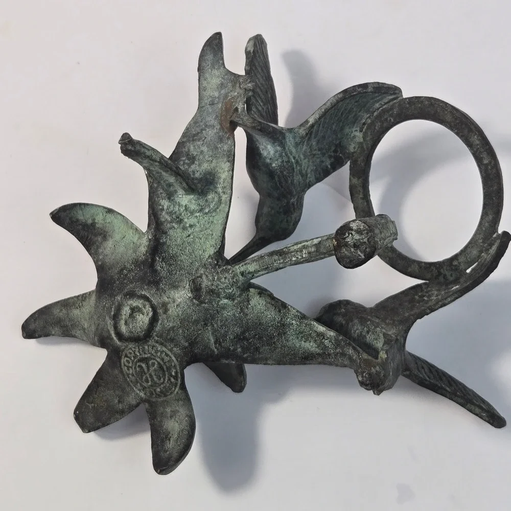 Vintage Verdigris Cast Metal Hummingbird Lily Flower Sculpture Candle Holder